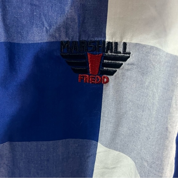 Fredd Marshall Mens Button Up Shirt Navy White Buffalo Plaid Flip Cuff Sleeve L - Picture 2 of 6